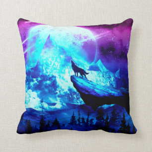 Colorful wolf howling cushion