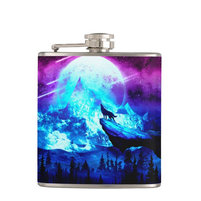 Colorful wolf howling hip flask (Front)