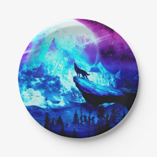 Colorful wolf howling paper plate