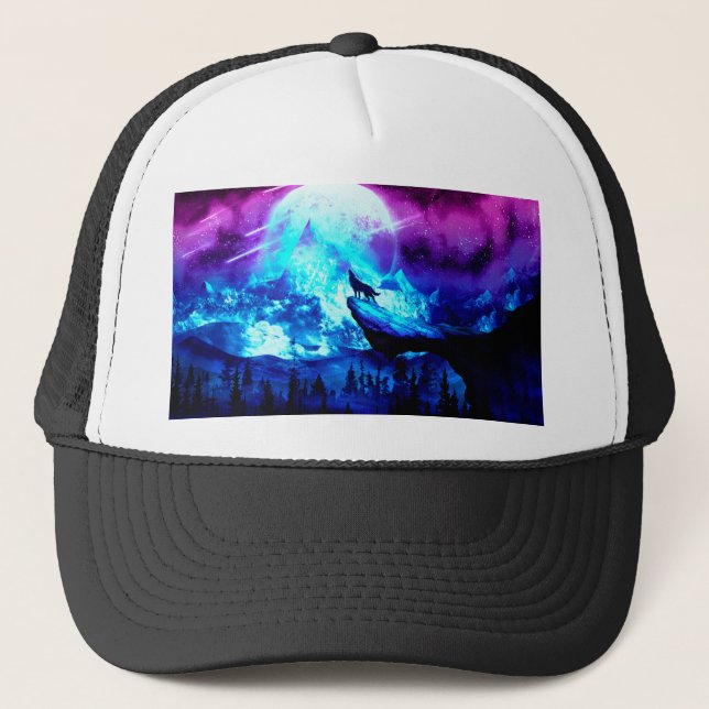 Colorful wolf howling trucker hat (Front)