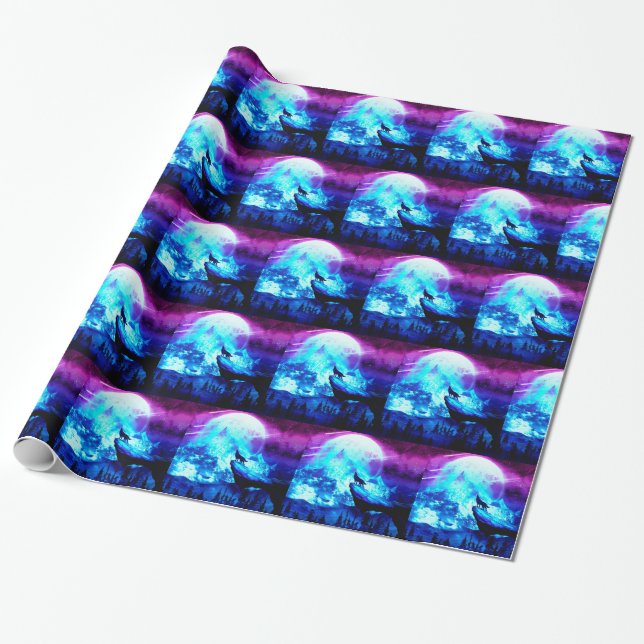 Colorful wolf howling wrapping paper (Unrolled)