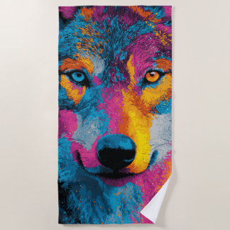Colorful Wolf Portrait Pop Art Splash Illustration Beach Towel