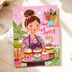 Colorful Woman with Cakes Illustrated Birthday Postcard