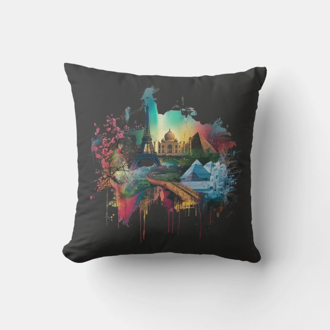 Colorful World Landmarks Collage Poster Cushion (Front)