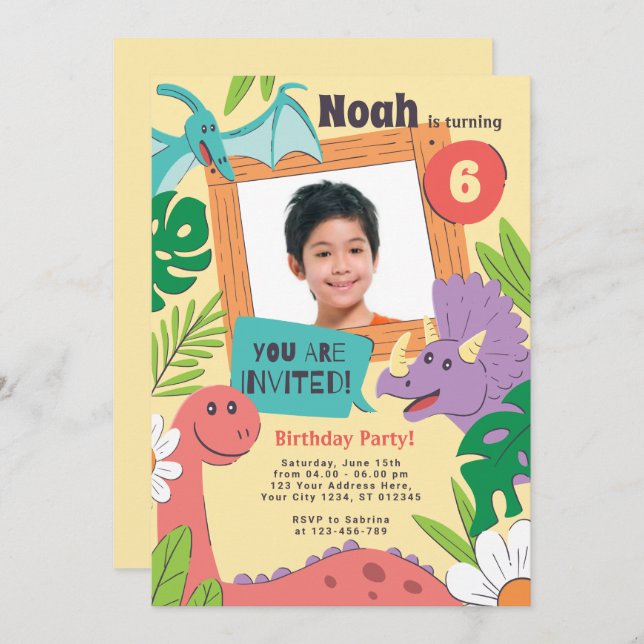 Colorfull Cute Dinosaur Birthday Party Invitation (Front/Back)