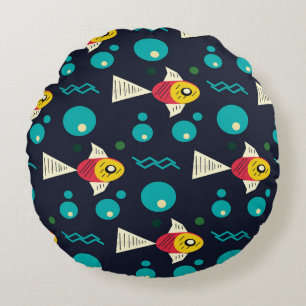 Colorfull Fish with waves in the sea. Geometry for Round Cushion