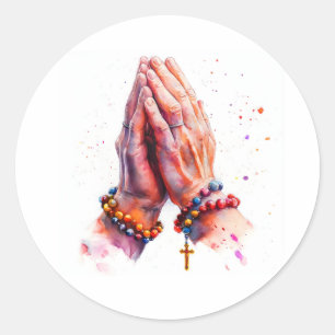 Colorfull Praying Hands with Rosary Cross Catholic Classic Round Sticker