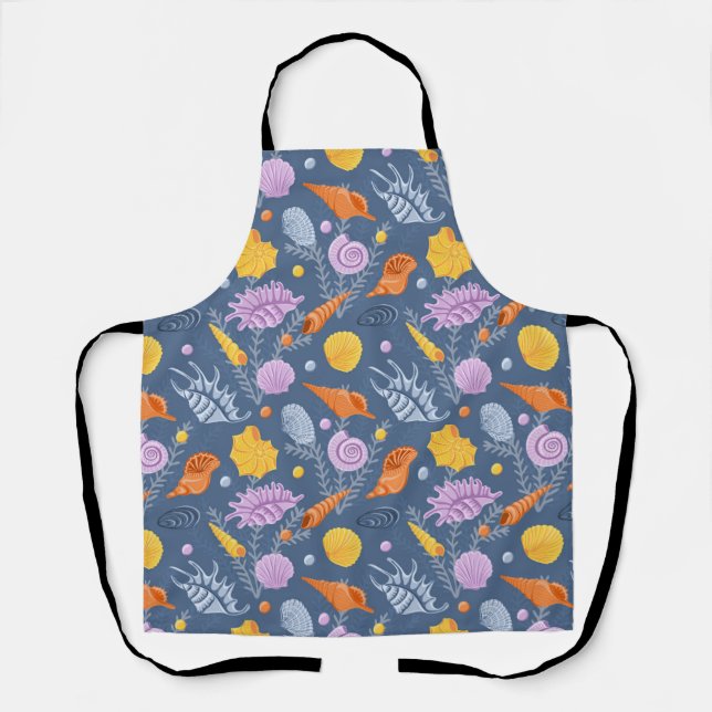 Colorfull seashells and algaes on blue apron (Front)