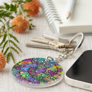 Colorfully Dots Spirals Hand Painting 1 Key Ring