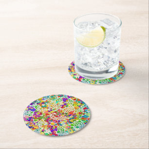 Colorfully Dots Spirals Hand Painting 2 Round Paper Coaster