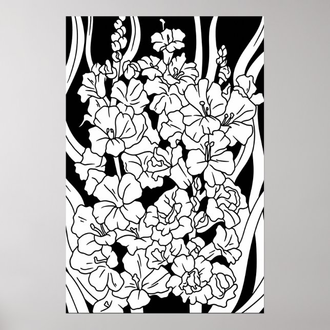Coloring Page Beautiful Flowers on Black Poster (Front)