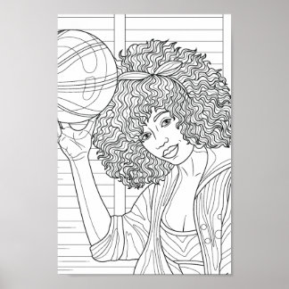 Coloring Page Girl with Basketball Poster