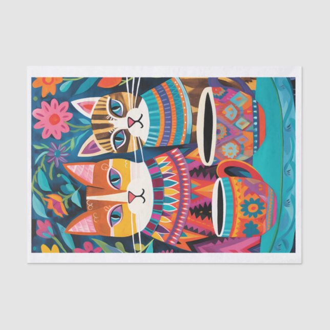 Colorrful Cats Folk Art Style Decoupage Tissue  Tissue Paper (Front)