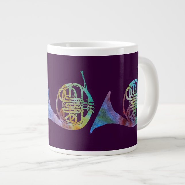 Colorwashed French Horns on Plum Large Coffee Mug (Front Right)