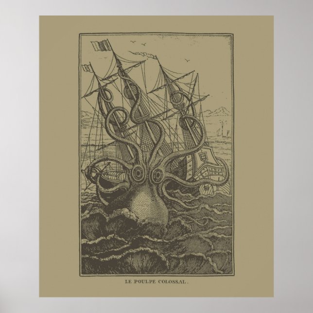 Colossal Octopus Kraken Attacking Ship Sea Monster Poster (Front)
