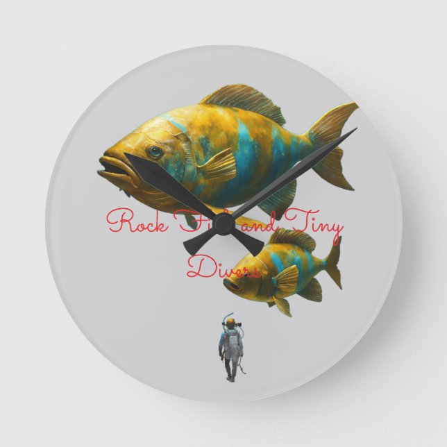 Colossal Rock Fish and Tiny Divers – Detailed Ocea Round Clock (Front)