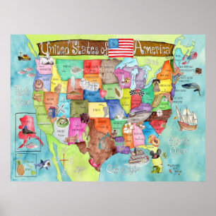 Colossal United States watercolor poster for kids