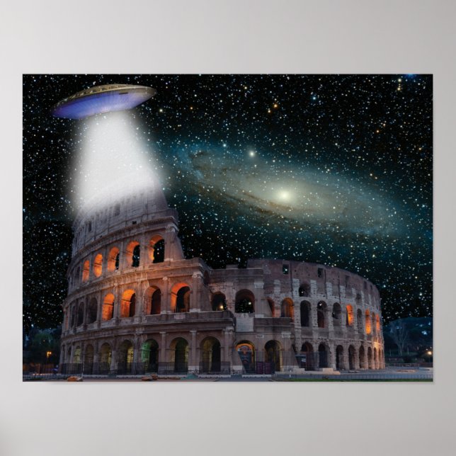 Colosseum Rome Italy Meets Space and UFO Poster (Front)