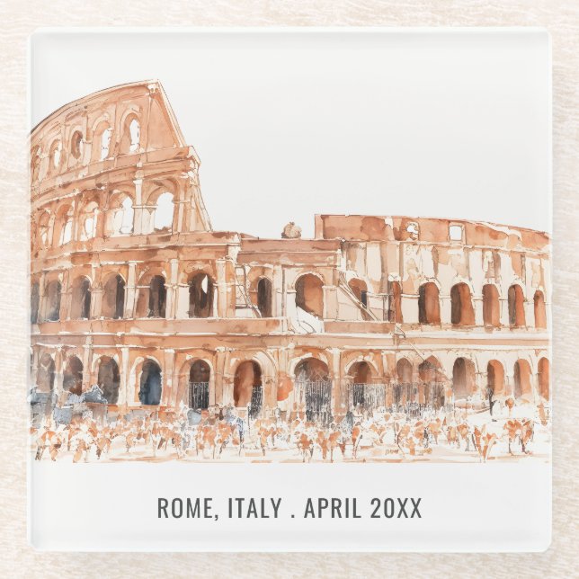 Colosseum Rome Italy Watercolor Italian Travel Glass Coaster (Front)