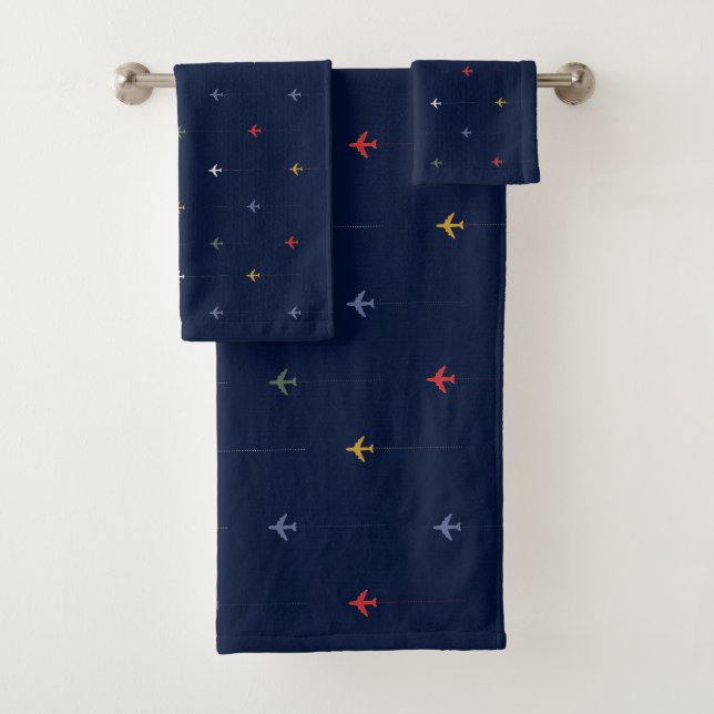 Colour Aeroplanes Aligned Side by Side on Dark Blu Bath Towel Set (Insitu)