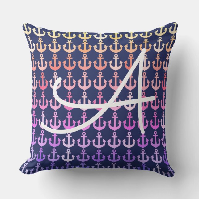 colour anchors pattern with initial . nautical outdoor cushion (Front)