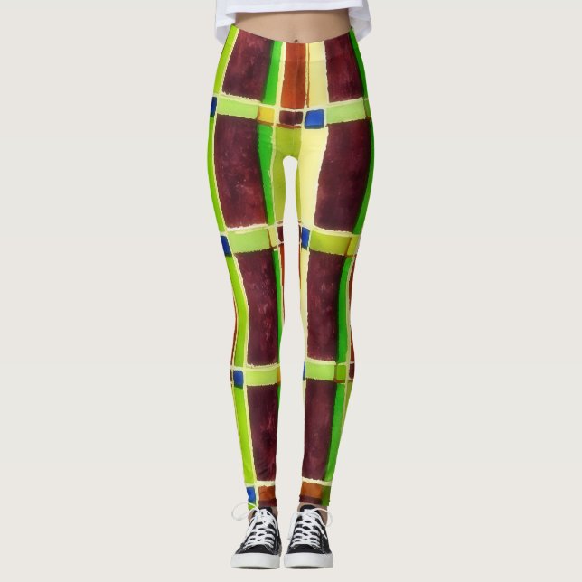 Colour Block Abstract Art Green Brown Leggings (Front)