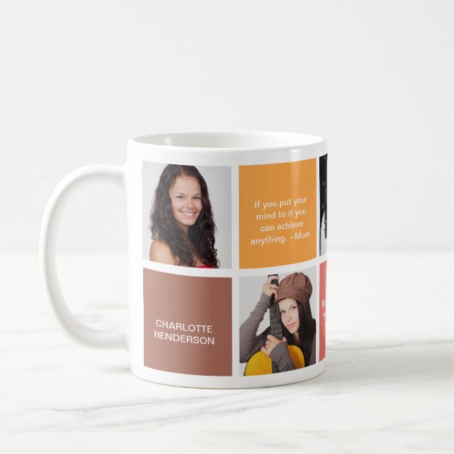 Colour block brown personal quote grad custom coffee mug (Left)