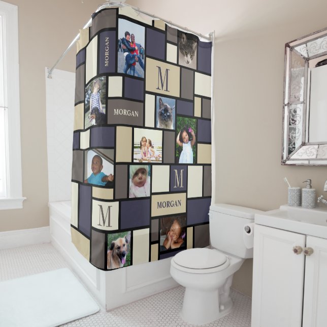 Colour Block Coastal Calm 10 Photo Chic Monogram Shower Curtain (In Situ)