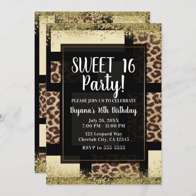 Colour Block Cream Ivory Black & Leopard Cheetah Invitation (Front/Back)