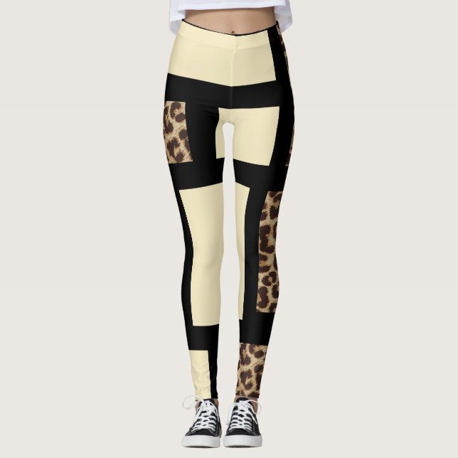 Colour block Cream Ivory Black & Leopard Cheetah Leggings (Front)