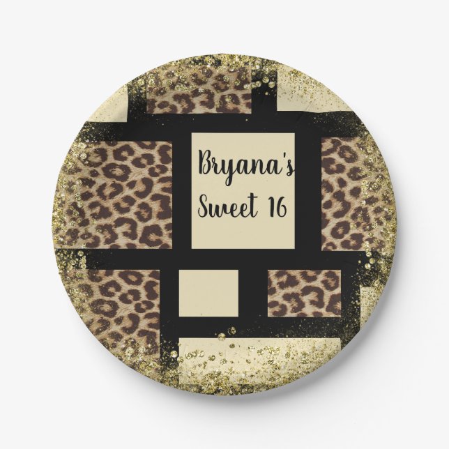 Colour block Cream Ivory Black & Leopard Cheetah Paper Plate (Front)