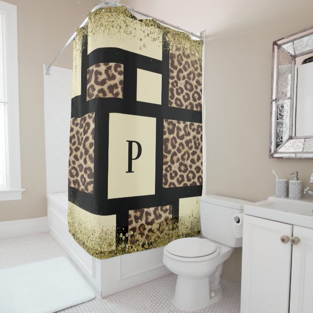 Colour Block Cream Ivory Black & Leopard Cheetah Shower Curtain (In Situ)