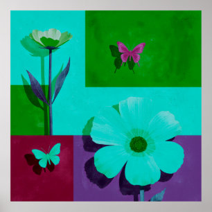 Colour Block Floral Art Print with Butterflies