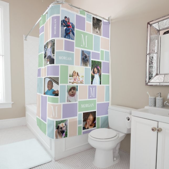 Colour Block Fun Pastels 10 Photo Chic Monogram Shower Curtain (In Situ)