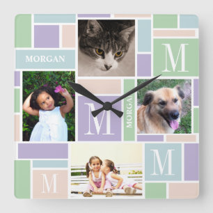 Colour Block Fun Pastels Simple Modern 4 Photo Square Wall Clock