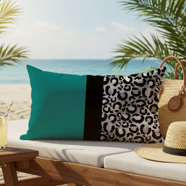 Colour Block Leopard Print Teal Silver Black Lumbar Cushion (Creator Uploaded)