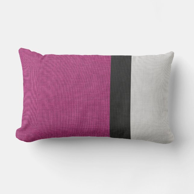 Colour Block Linen Look Fuchsia Black Grey Outdoor Lumbar Cushion (Front)