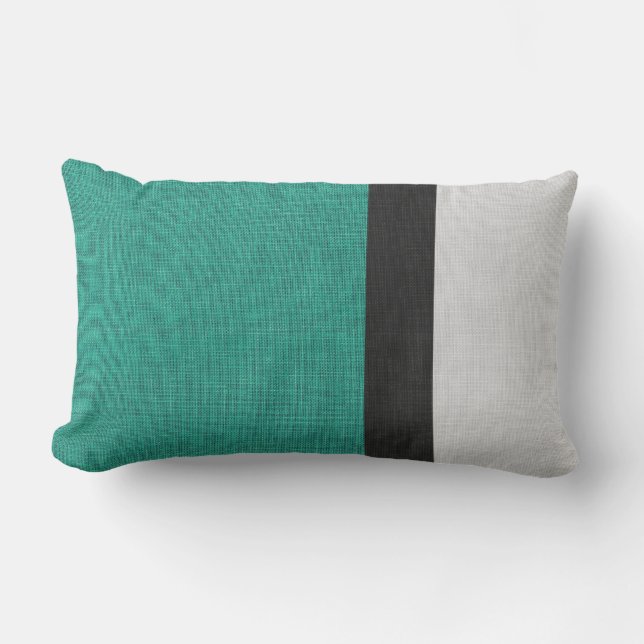 Colour Block Linen Look Teal Black Grey Outdoor Lumbar Cushion (Front)