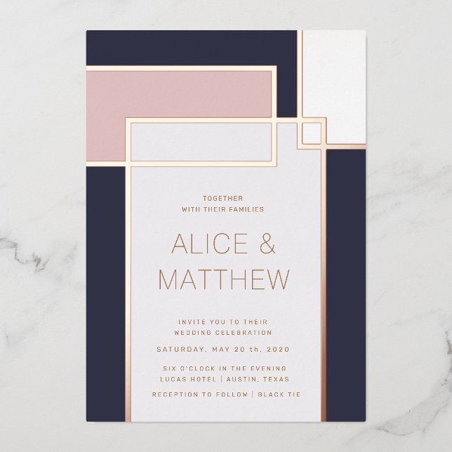 colour block mid century modern wedding foil invit (Front)