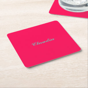 Colour block monogram on hot fuchsia pink square paper coaster