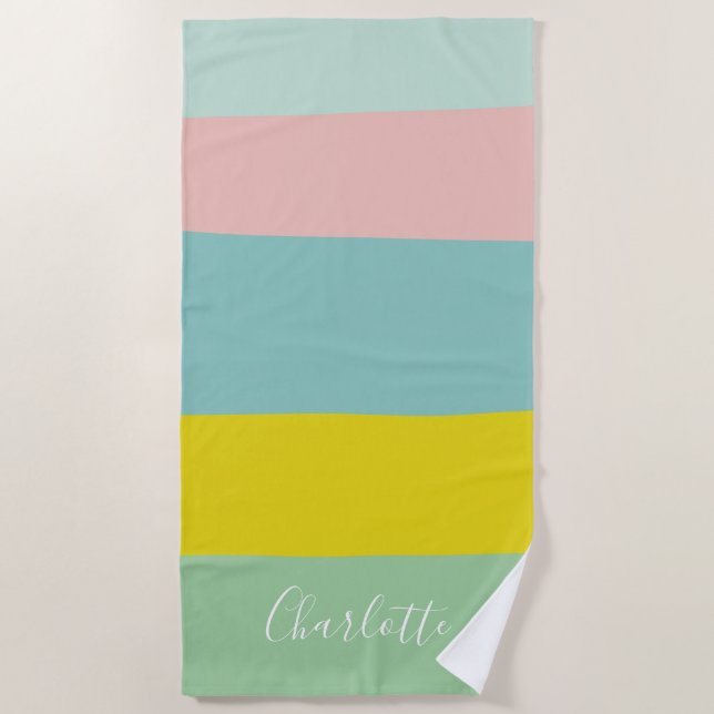 Colour Block Pastel Personalised Summer Stripe Beach Towel (Front)