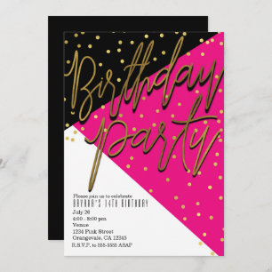 Colour Block Pink Black Gold Birthday Invitations