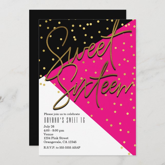 Colour Block Pink Black Gold Sweet 16 Invitations (Front/Back)