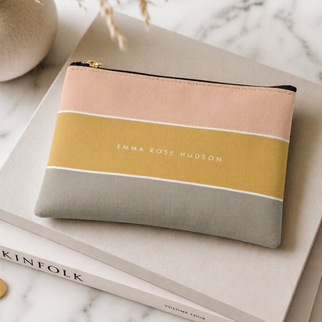 Colour Block Pink Gold Grey Stripe Monogram Accessory Pouch (Creator Uploaded)