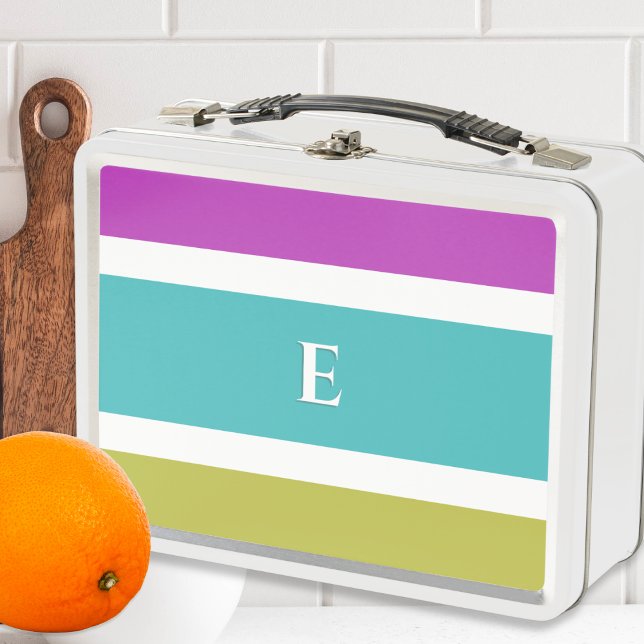 Colour Block Stripe Bright Colourful Monogrammed Metal Lunch Box (A metal lunch box with monogram and modern color block design in magenta, blue, green and white)