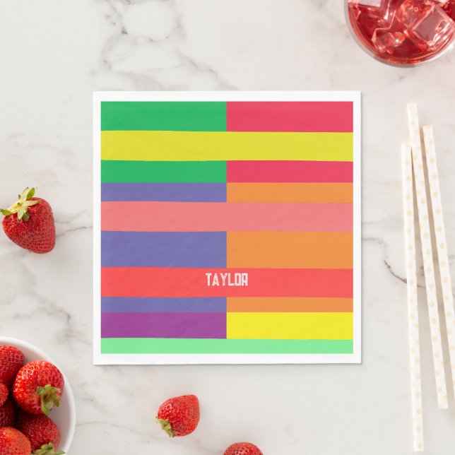 Colour block Stripe Monogram Name Rainbow Napkin (Insitu)