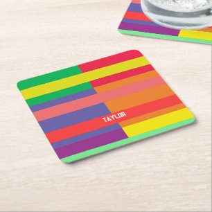 Colour block Stripe Monogram Name Rainbow Square Paper Coaster