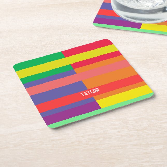 Colour block Stripe Monogram Name Rainbow Square Paper Coaster (Angled)