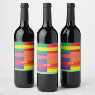 Colour block Stripe Monogram Name Rainbow Wine Label