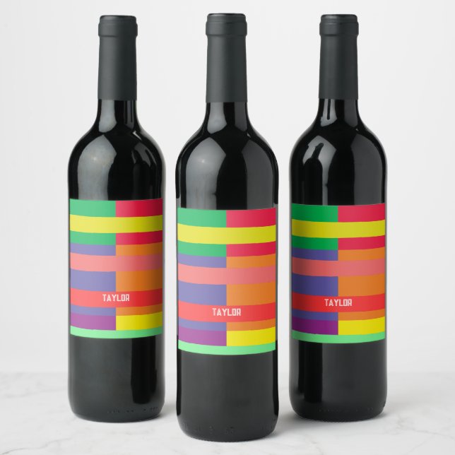 Colour block Stripe Monogram Name Rainbow Wine Label (Bottles)